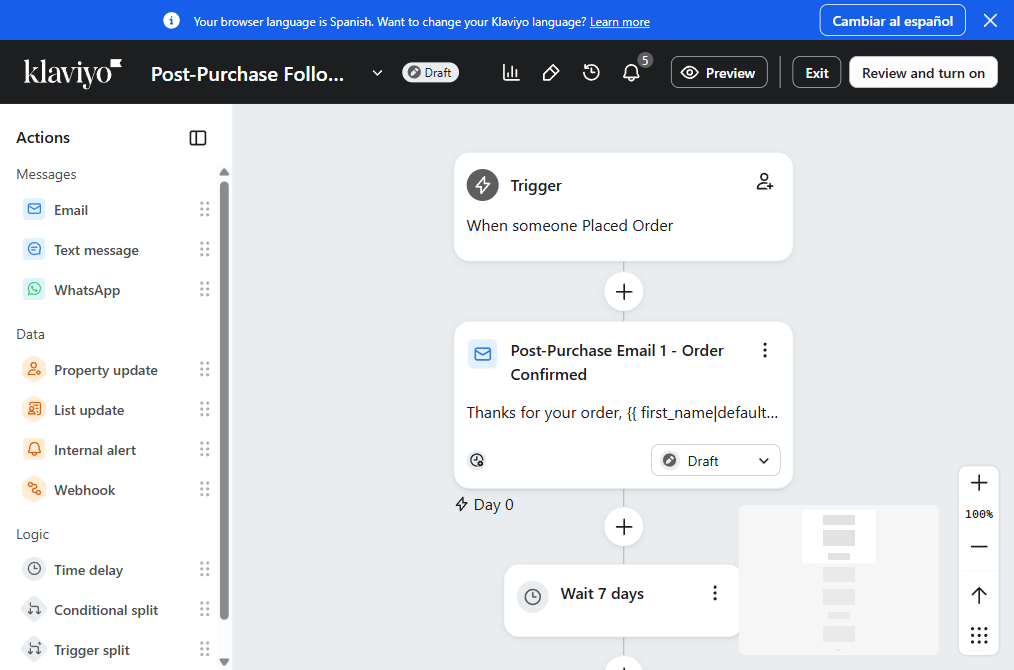 Post-purchase flow in Klaviyo